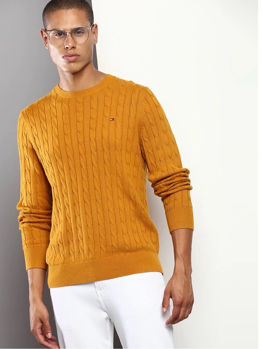 Tommy Hilfiger Men's Mustard Cable-Knit Crewneck Sweater